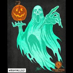 a painting of a ghost holding a pumpkin