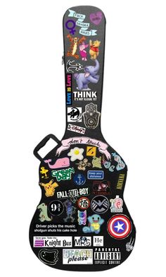 a guitar case with many stickers on the front and back of it's neck