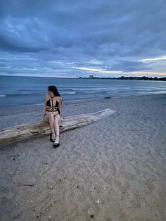 a woman sitting on a log at the beach