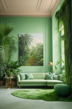 a living room with green walls and plants in the corner, along with a painting on the wall