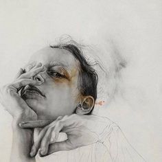 a pencil drawing of a woman with her hands on her face, looking up at the sky