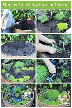 step by step fairy garden in a barrel with moss growing on the top and bottom