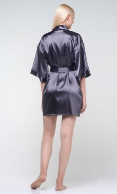 Charcoal Satin Kimono Short Robe-Robemart.com Satin V-neck Robe For Daywear, Satin Wedding Night Dress, Elegant Satin Sleepwear For Sleepover, Satin V-neck Robe For Loungewear, Chic Satin Finish Sleepwear, Satin Sleepwear With Open Front, Satin Open Front Sleepwear, Open Front Satin Sleepwear, Summer Satin Night Robe