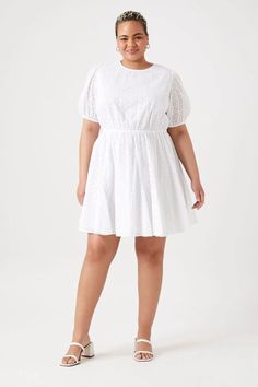 Plus Size Floral Eyelet Mini Dress Summer Eyelet Dress With Short Sleeves, Broderie Anglaise Mini Dress With Short Sleeves For Summer, Summer Broderie Anglaise Mini Dress With Short Sleeves, Summer Mini Dress With Broderie Anglaise And Short Sleeves, Broderie Anglaise Mini Dress With Short Sleeves For Brunch, White Eyelet Short Sleeve Mini Dress, White Eyelet Mini Dress With Short Sleeves, White Short Sleeve Mini Dress With Eyelet Details, Casual Short Sleeve Broderie Anglaise Mini Dress