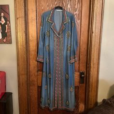 Beautiful Hand Beaded Western Style Dress Bohemian Silk Embellished Maxi Dress, Blue Embroidered Long Maxi Dress, Bohemian Long Sleeve Beaded Dress, Blue Long Silk Dress, Western Style Dresses, Native American Dress, Soft Surroundings Dresses, American Dress, Dresses Beautiful