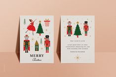 two christmas cards with nutcrackers and trees on them, one is for merry