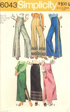 Simplicity 6043 Maxi Skirts w Trim & Wide Leg Pants w Slits Sz 12 CUT COMPLETE Pants Patterns, 70s Sewing Patterns, 70s Pants, 1970s Sewing Patterns, Patron Vintage, Embroidered Ribbon, Making Stuff, Skirt Patterns Sewing, Simplicity Sewing