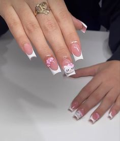 Short Coffin Hello Kitty Nails, Hello Kitty Nails Medium Square, French Tip With Hello Kitty Charm, Hello Kitty Medium Nails, Hello Kity Nails Acrylic, Short Nails Ideas Hello Kitty, Valentines Day Nails Hello Kitty, Hello Kitty Nails With Initial, Hello Kitty Nails Medium Length