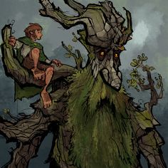 a man sitting on top of a tree next to a giant creature