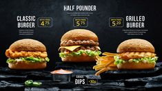 three burgers with different toppings and prices on the side are shown in this ad