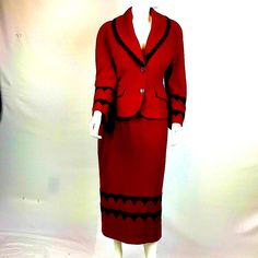 Gorgeous Didier Parakian Red Wool Winter Suit With Black Braid Trim Thick, Soft, Luscious Red Wool/Cashmere With Some Nylon - Pictures Cannot Do Justice To This Fabric If L Still Lived In The North, L Would Not Be Selling It Made In France Size Is Vintage 14 Current Us Size 8 Medium Jacket-Two Button Closure, Shawl Collar, Flap Pockets, Shoulder Pads Skirt-Straight, Midi, Back 11.5" Vent Lined Measured Flat: Jacket: Bust 19.5" Across Waist 17" Across Sleeve Length: 15.5" Underarm To Wrist Length 23.5" Skirt: Waist 15" Across Hip 19.5" Across Length 30.5" Excellent Condition, No Flaws, Cleaned Skirt Straight, Winter Suit, Wool Winter, Black Braids, Red Wool, Shawl Collar, Shoulder Pads, Made In France, Skirt Set