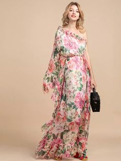 Floreal-print silk chiffon off-one-shoulder, puff cuff sleeve, flouncy long dress. Drawstring at waist. Luxury Summer Evening Chiffon Dress, One Shoulder Long Sleeve Floral Dress, Luxury Spring Chiffon Dress For Wedding Guest, Luxury Silk Chiffon Maxi Dress For Garden Party, Floral Print Long Mother Of The Bride Dresses 2022, Luxury Summer Chiffon Evening Dress, Luxury Bohemian Silk Chiffon Dress, Luxury Maxi Length Floral Dress For Garden Party, Elegant Luxury Chiffon Dress For Garden Party