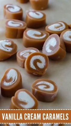 vanilla cream caramels on a table with text overlay that reads, vanilla cream caramels