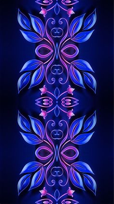 an abstract blue and pink design with leaves on it's side, in the middle of