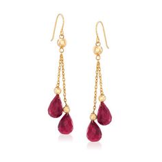 Ross-Simons - 15.00 ct. t.w. Ruby and Bead Double Drop Earrings in 14kt Yellow Gold. Polished beads and 15.00 ct. t.w. rubies enticingly dangle like lush fruit from a vine on these double rope chain drop earrings. Hanging length is 1 7/8". Earwire, 14kt yellow gold. Ruby birthstones are the perfect gift for July birthdays. Classic Faceted Dangle Earrings, Classic Dangle Faceted Earrings, Yellow Gold Jewelry With Dangling Beads For Formal Events, Formal Yellow Gold Jewelry With Dangling Beads, Make Jewelry For Beginners, Small Diamond Pendant, What Jewelry To Wear, Jewelry For Beginners, Dress Boutiques