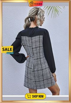 Autumn Winter Slim Plaid Patchwork Dress Women Casual Bow Collar High Waist Full Sleeve Lady Dress Womens Sheath Dress, Lady Dress, Bow Collar, Boho Mini Dress, Autumn Dress, Patchwork Dress, Slim Dresses, Flowing Maxi Dress, Glamorous Evening Gowns