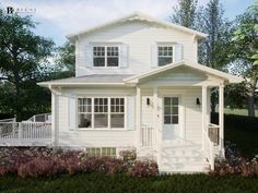 a white two story house sitting in the middle of a lush green field