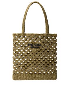 khaki/black crochet knit embroidered logo to the front two top handles open top main compartment unlined Fabric Crochet, Crochet Handles, Prada Tote Bag, Crochet Work, Crochet Tote Bag, Crochet Tote, Dolce E Gabbana, Van Cleef Arpels, Black Tote Bag