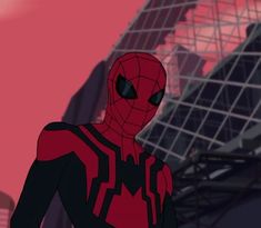 the animated spider - man is standing in front of a building and looking at something