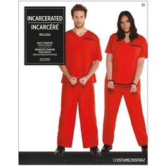 two people in orange prison uniforms standing next to each other with handcuffs on their hands