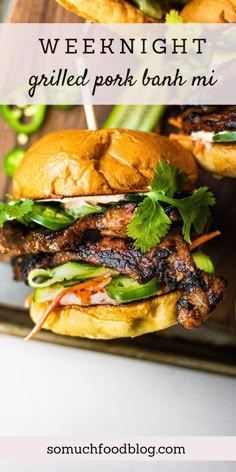 grilled pork banh mi sandwich with green peppers and cilantro on the side