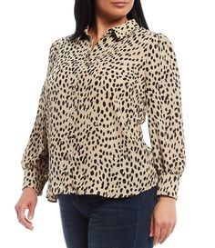 From Vince Camuto Plus&#x2C; this blouse features:Button front silhouettepoint collar necklineLong sleevesleopard print button front closure PolyesterMachine wash/line dry Imported. Reset Button, Women Long Sleeve Tops, Button Down Blouse, Button Front Shirt, Dillard's, Plus Size Tops, Vince Camuto, Plus Size Outfits, Leopard Print