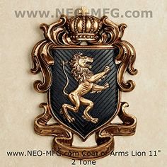 a gold and black coat of arms with a lion on it's crest, hanging from a wall