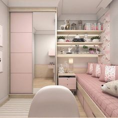 a room with pink and white decor on the walls, bookshelves and shelves