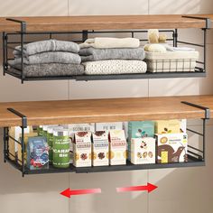 two shelves with towels and other items on them