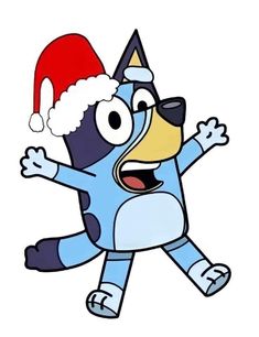 a cartoon dog with a santa hat on his head and arms out in the air