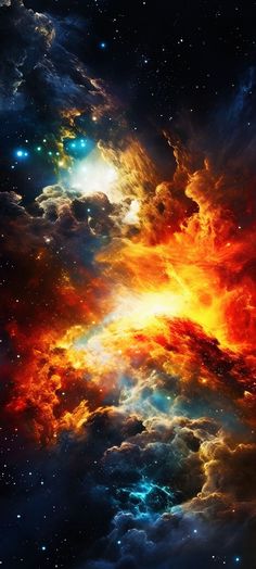 an image of the inside of a space filled with stars and clouds, as well as some bright colors