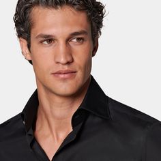 This stylish jet-black button-up is tailored to a tailored fit and is crafted in a fine poplin weave with a pronounced high widespread collar, single cuff, french placket and mother of pearl buttons. Black Weave, Tuxedo Pants, Slim Fit Shirt, Egyptian Cotton, Mother Of Pearl Buttons, Pearl Buttons, Black Button, Suspenders, Jet Black