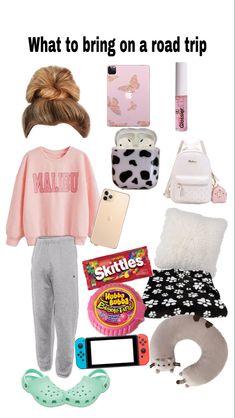 what to bring on a road trip with the kids in pink and black, including accessories