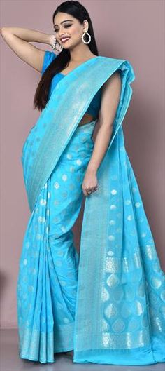 Blue color Saree in Banarasi Silk, Silk fabric with Weaving, Zari work Light Blue Traditional Wear With Zari Work For Reception, Light Blue Zari Work Saree For Reception, Wedding Saree Blouse Piece In Blue, Wedding Blouse Piece For Saree In Blue, Blue Blouse Piece For Wedding Saree, Blue Blouse Piece For Wedding And Festivals, Blue Wedding Blouse Piece For Saree, Light Blue Saree For Reception And Diwali, Light Blue Saree With Unstitched Blouse For Wedding