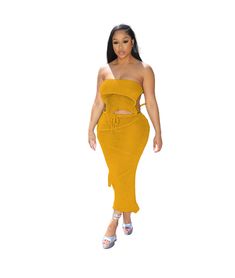 Sexy Bandeau Backless Lace-up Backless Top Tassel Knitting Suit yellow-S Yellow Tube Top For Beach, Chic Yellow Tube Top For The Beach, Chic Yellow Tube Top For Beach, Yellow Sleeveless Tube Top For Party, Yellow Strapless Tube Top For Vacation, Yellow Bandeau Tube Top For Party, Drawstring Sleeve, Solid Dress Casual, 2 Piece Skirt Set