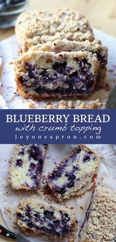 blueberry bread with crumbs is cut in half and served on a plate