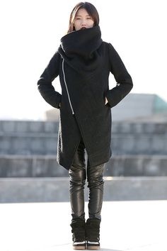 "This black wool coat is a classic loose casual style from my shop coming here. The warm winter jacket has been sell several years, it still be popular with women. It will be a big shawl on your shoulders when it unzipped. this midi jacket has a split V shape at the bottom front. We improved the hem and length of the coat for a better wearing that can keep you warm and comfortable. we make a long hem than before and the loose fit can shows your slim and elegant body shape. With the snug-as-a-bug Green Wool Coat, Asymmetrical Coat, Coats Black, Wool Winter Coat, Warm Winter Jackets, Zip Coat, Black Winter Coat, Black Wool Coat, Womens Jackets