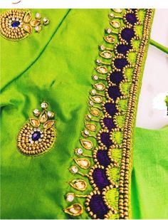 Pattu silk Light green Maggam Blouse with embroidery and kundan work on sleeves and neck. Disclaimer - Actual colors may vary slightly due to computer monitors displaying settings. We try hard to match exact color. For sizes 42+ we charge extra $20 for fabric and workmanship. Please contact us before placing order, we will send you link to pay extra $20. Note: Front neck line design will be on one side only except for the blouses which has full work on front neckline in the listing. Please use b Green Blouse With Resham Embroidery For Puja, Kundan Saree With Motifs, Anarkali Kundan Saree With Motifs, Green Choli With Resham Embroidery For Puja, Navratri Kundan Blouse Piece With Dori Work, Traditional Blouse Piece With Dori Work, Multicolor Blouse Piece With Dori Work For Puja, Green Saree With Dori Work For Puja, Green Blouse Piece With Motifs For Puja