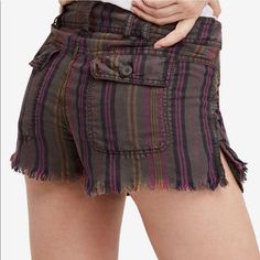 Striped High Rise Button Fly Frayed/Cutoffs Purple Cotton Shorts With Pockets, Purple Cotton Bottoms Short Length, Purple Cotton Short Bottoms, Morning Rain, Forest Green Color, Free People Shorts, Cutoff Shorts, Crochet Halter Tops, Distressed Jean Shorts