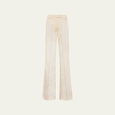 Prada semi-sheer organza pants Full length High rise Flare legs Tab/zip fly; belt loops Silk Dry clean, professional cleaning recommended Made in Italy Organza Pants, Family Brand, Bridal Shoes Flats, Silk Trousers, Kids Calendar, Personalized Chocolate, Organza Fabric, Slippers For Girls, Silk Pants