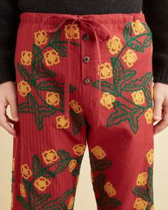 Marigold Wreath Pajama Pants – BODE Patterned Pajama Pants, Embroidered Cotton Pants For Loungewear, Red Cotton Bottoms With Floral Embroidery, Playful Cotton Pajama Sets, Marigold Print Pattern, Playful Cotton Sleepwear Pajama Pants, New York Mens, Pajama Pant, Antique Quilt