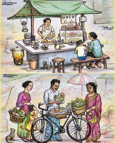 two pictures showing people at an outdoor stand with food on the table and in front of them