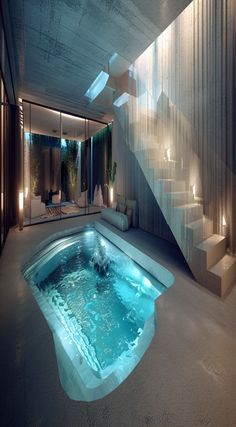 an indoor swimming pool with stairs leading up to the upper floor and lights on either side