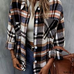 Katykey - Classic Plaid Button-Front Shirt with Front Pocket, Stylish Long Sleeve Top Ideal for Spring & Fall, Womens Fashion Fall Womens Fashion, Flannel Women, Plaid Blouse, Button Front Shirt, Women's Casual, Shirt Sleeves, Long Sleeve Top, Front Pocket, Women Clothes Sale