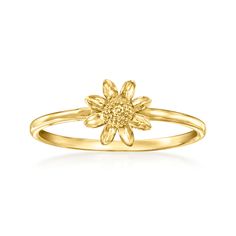 Ross-Simons - 14kt Yellow Gold Sunflower Ring Size 9. RS Pure. Modern designs that complete your outfit and complement your personality. Blooming in sunny 14kt yellow gold, this dainty handcrafted sunflower ring adds sweet and simple charm to your everyday outfits. Textured and polished finishes. 1/4" wide. 14kt yellow gold sunflower ring. Sunflower Ring, Sunflower Jewelry, Dainty Gold Rings, Sunflower Necklace, Gold Earrings Designs, Ring Pictures, Rings Simple, Designer Earrings, Everyday Outfits