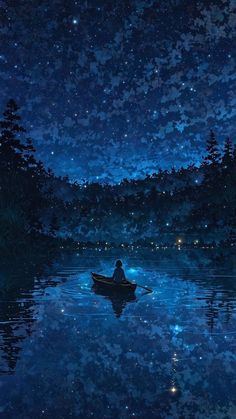 a person in a small boat on a lake at night with stars above the water