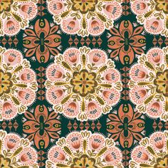 an abstract floral design in green, orange and yellow colors on a black background fabric