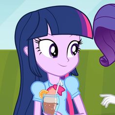 the pony is holding a drink in her hand and looking at another person's face