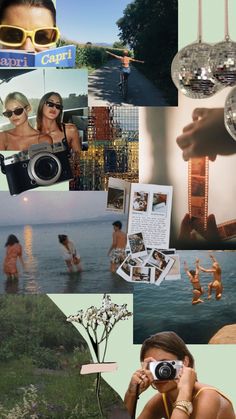 a collage of photos with people and pictures on them, including a woman holding a camera