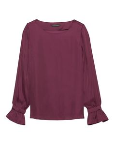 Banana Republic Womens Solid Poet-Sleeve Top Wine Red Billowy Long Sleeve Top With Smocked Cuffs, Billowy Long Sleeve Top With Gathered Sleeves, Workwear Tops With Elastic Shoulders And Long Sleeves, Long Sleeve Tops With Elastic Shoulders For Work, Elastic Shoulder Long Sleeve Tops For Work, Fall Long Sleeve Blouse With Elastic Shoulders, Workwear Long Sleeve Blouse With Elastic Shoulders, Fall Blouse With Flared Cuffs, Elegant Spring Blouse With Elastic Shoulders